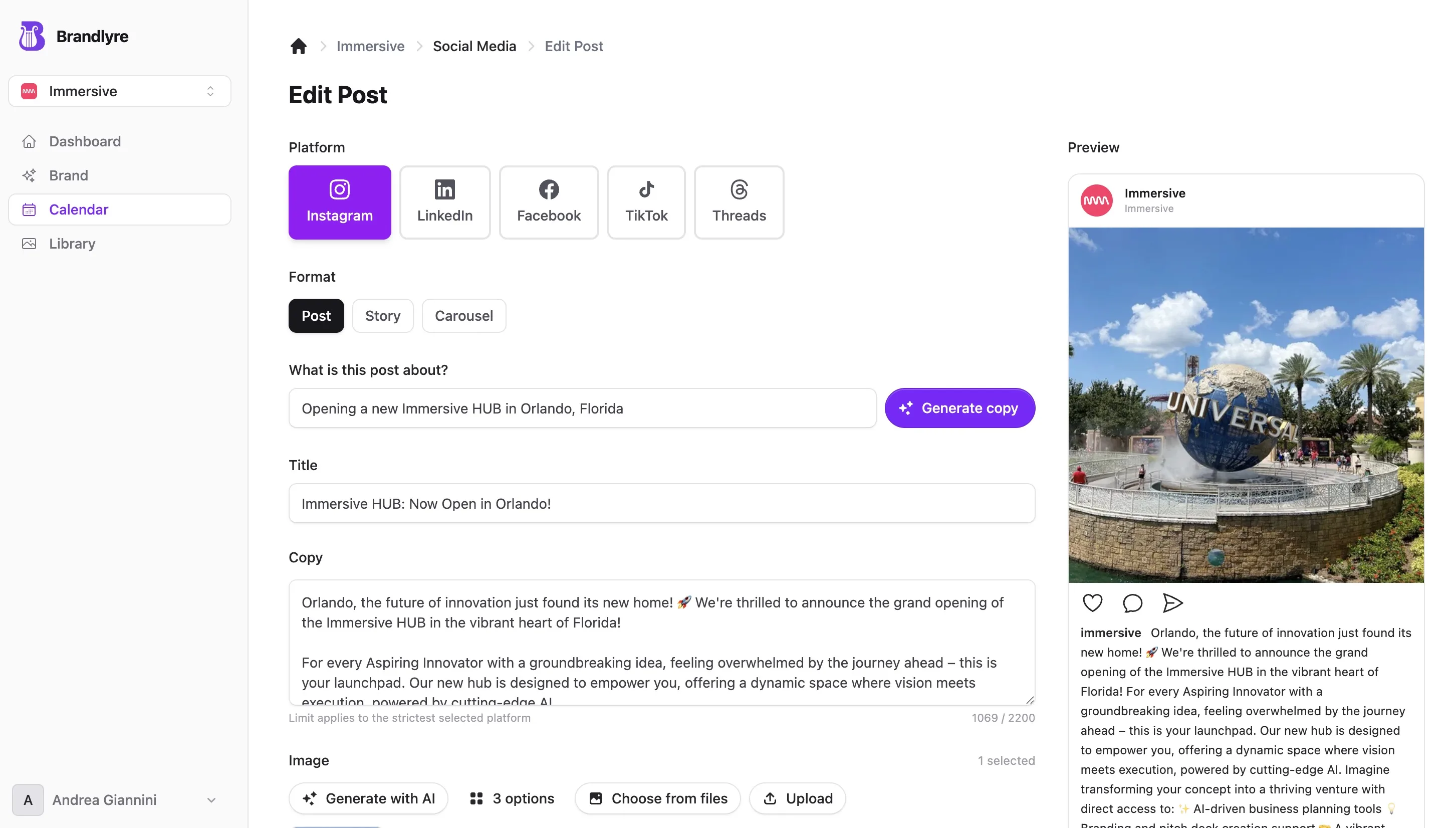 Brandlyre Edit Post — live multi-platform preview