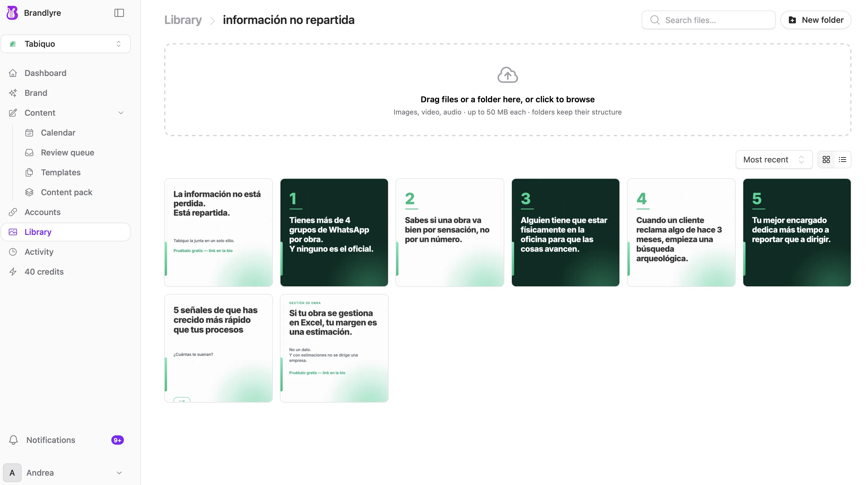 Brandlyre media library — a folder of approved brand visuals