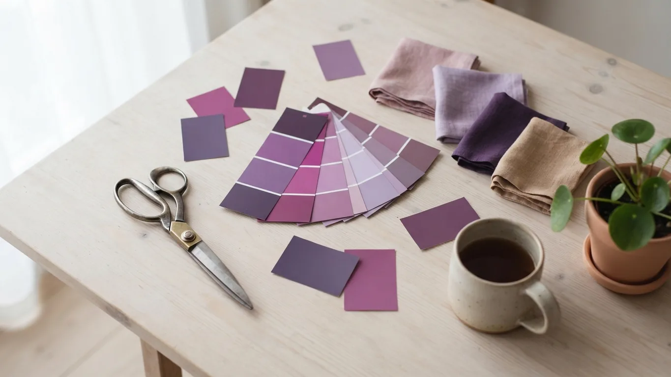 A creative studio desk from above, with fanned colour swatches, paint chips and a camera.