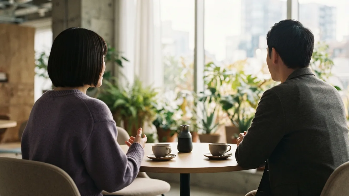 Two colleagues talking across a table in a bright modern office.