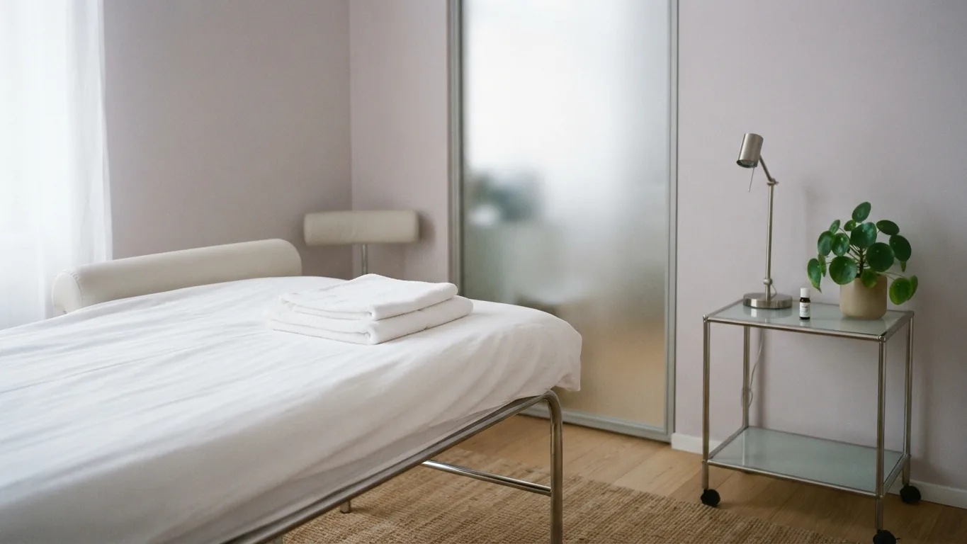 A calm treatment room corner with a made bed, a folded towel and a plant.