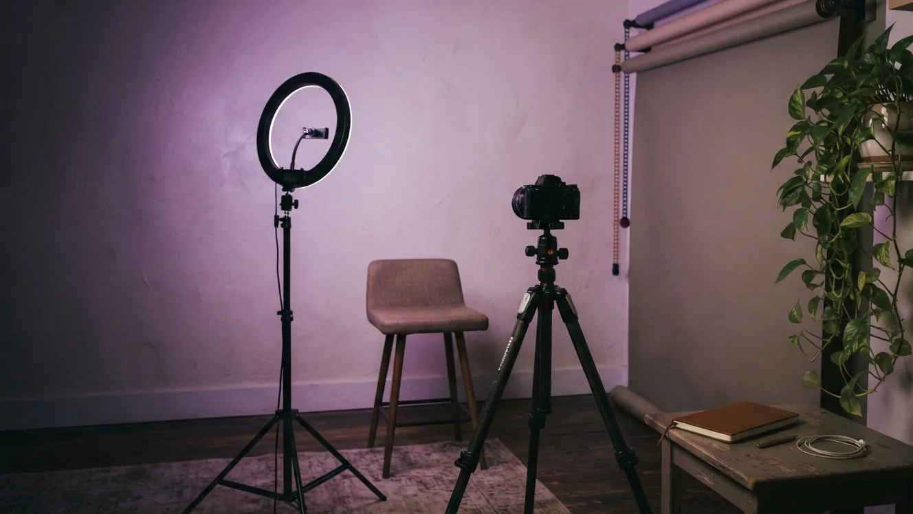 A home studio corner with a ring light and a camera on a tripod, lit in violet.