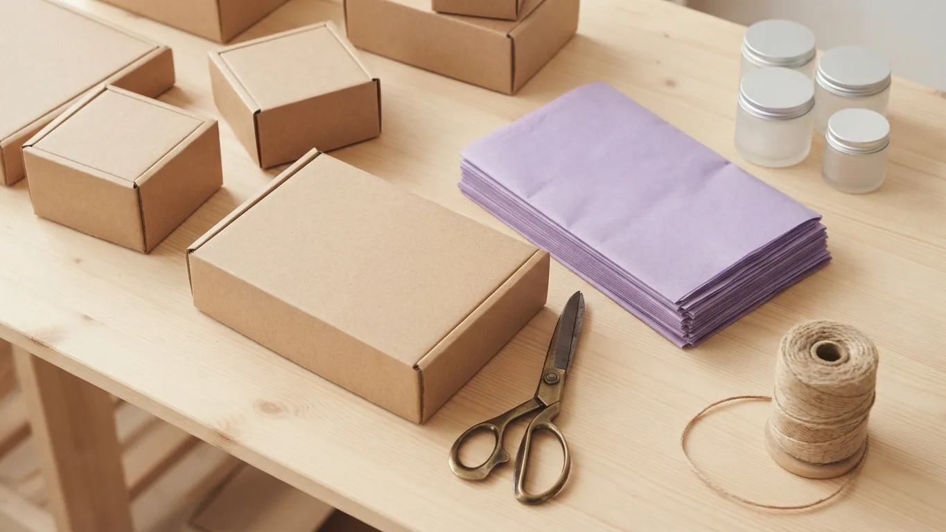 A packing table with plain kraft boxes, violet tissue paper and twine.