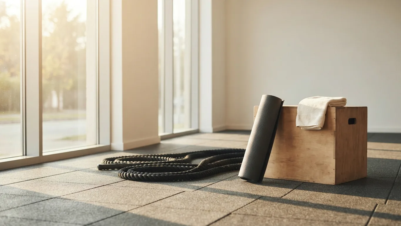 A gym corner in morning light, with coiled battle ropes, a plyo box and a rolled mat.