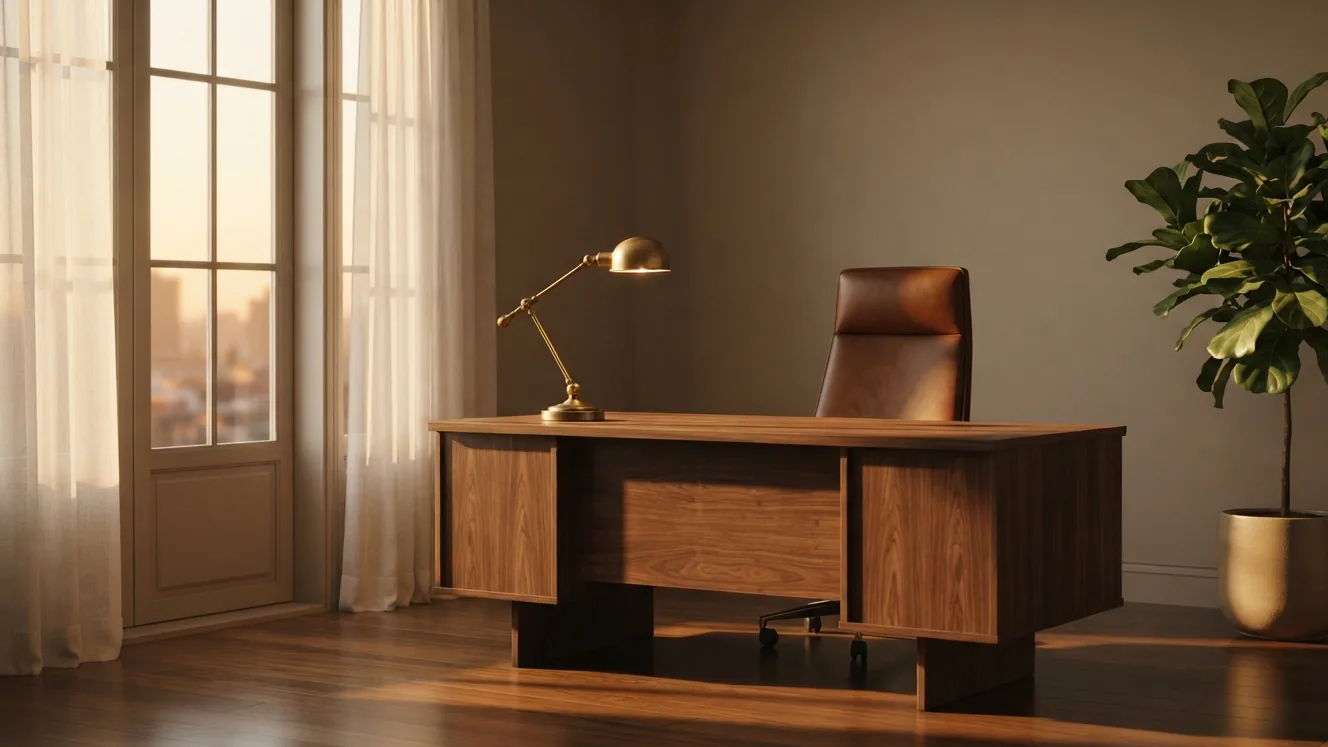A quiet office corner at golden hour, with a walnut desk, brass lamp and leather chair.